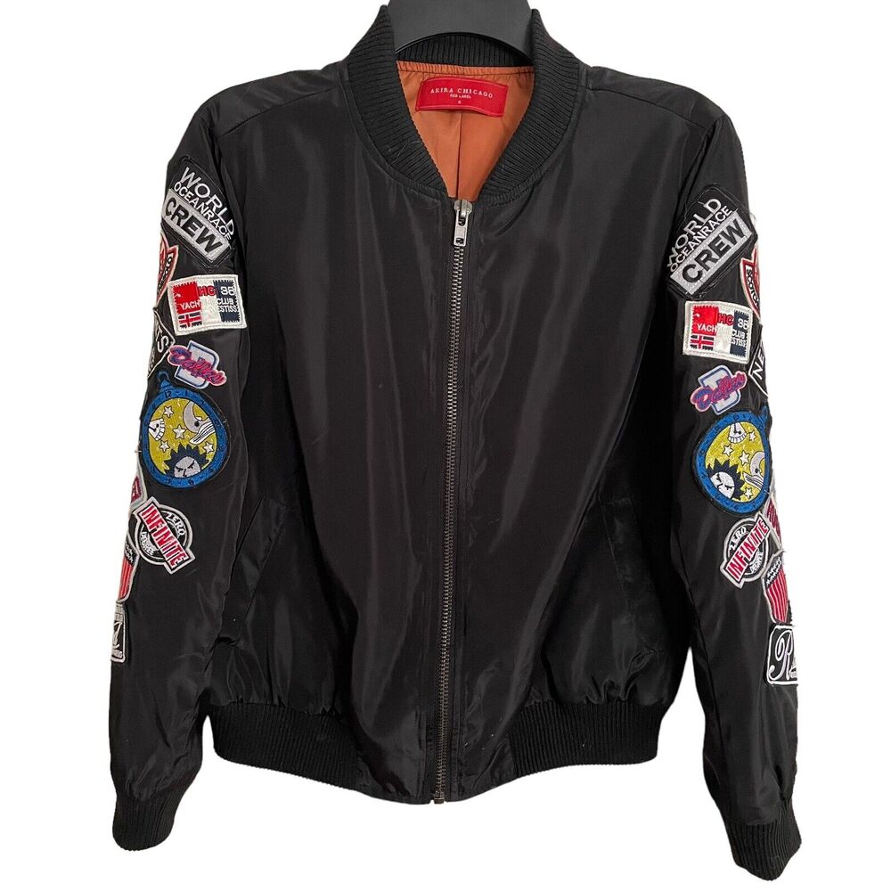 Akira Chicago Black Label Size S Black Lined Bomber Jacket Sleeves‎ with Patches